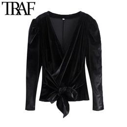 Women Fashion With Bow Tied Velvet Blouses Vintage Wrap V Neck Long Sleeve Female Shirts Blusas Chic Tops 210507