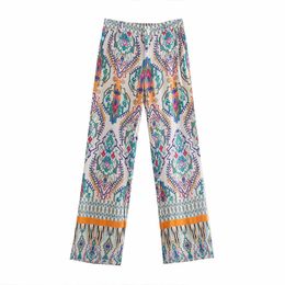 Za Women 2021 New Chic Fashion Printing Flare Pants Vintage High Elastic Waist Zipper Fly Female Ankle Trousers Pantalones Mujer Q0801