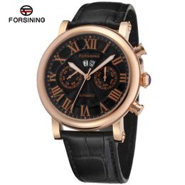 Summer Style Stainless Steel Case Black Dial Rose Gold Colour Bezel Genuine Leather Tag Watch For Business Men /FSG9407M3R2 Wristwatches