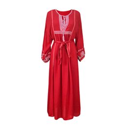 Red Bohemian Boho Geometric Embroidery Long Sleeve Lace Up Tassel Maxi Split Dress Loose Casual D1182 210514