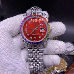 2021 Latest Men's Iced Diamond Watch Red Face Arabic Scale Silver Strap Watches Automatic Mechanical Wristwatch