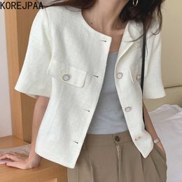 Korejpaa Women Jackets Summer Korean Chic Temperament Round Neck Single-Breasted Solid Colour Textured Short-Sleeved Coat 210526