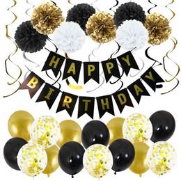 33Pcs/Set Black Gold Banner Latex Confetti Balloon Paper Pompoms Flower Spiral Hanging Happy Birthday Decoration Party Supplies 210408