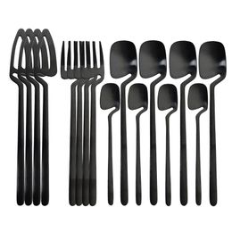 16pcs Black Dinnerware Sets Kitchen Decor Spoon Fork Knife Tableware Set Matte Gold Cutlery Ice Cream Desserts Soup Coffee Use 211112