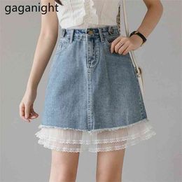 A Line Denim Skirt Spring Summer Women High Waist Mini Jeans Plus Size Patchwork Lace Pockets Blue s 210601