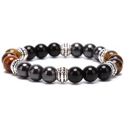 Unique Natural Tiger Eye Stone Men's Beaded Bracelet Men Stainless Steel Hematite & Black Obsidian Stone Magnet Bracelets Male