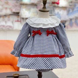 2Pcs Spanish Baby Clothes Spring Girls Spain Turkish Dresses Children Vintage Plaid Frocks Infant Birthday Baptism Dress Q0716