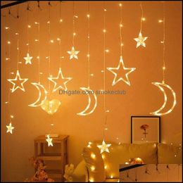 Star Moon Led Curtain Garland String Light Eid Mubarak Ramadan Decoration Islam Muslim Party Decor Al Adha Gift 220226 Drop Delivery 2021 Ot