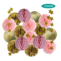 Mi Primera Comunion Party Favour Gold Round Paper Lantern Kids Boy Birthday DIY Gift Pink Honeycomb Ball Wedding Decor Pompoms 210408