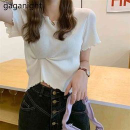 Summer Crop Tops For Women O Neck Ribbed Short Sleeve Tshirt Female Solid Slim T Shirts All-match Basic Tees 210601