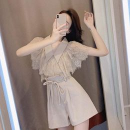 Women's Tracksuits 2021 Summer Korean Womens Short Sleeve Fashion Lace Tops And Wide-leg Pants Female Two Piece Set Aq1295