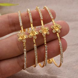 24k Gold Color Bangles for Women Girl Flower Ethiopian African Dubai Bracelets Bridal Party Wedding Simple Inlaid Stones Jewelry Q0717