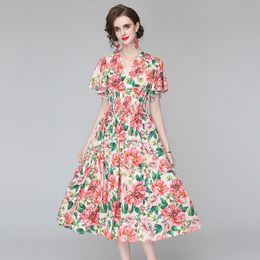 LLZACOOSH Fashion Summer Runway Elegant Floral Print Women Flare Sleeve V Neck Elastic waistline A Line Slim Long Dresses 210514