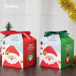 StoBag 5pcs Christmas Santa Claus Paper Box 12*12*12cm Year Gift Candy Chocolate Packaging With Ribbon Decoration Party 210602