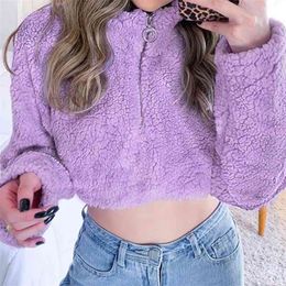 OMSJ Fashion Lamb Wool Female Sexy Crop Top Turtleneck Zip Keep Warm Drawstring Sweatshirts Fall Winter Streetwear Pullover Tops 210517