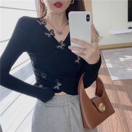 Lucyever Summer Sexy slim V-neck shirts women Fashion butterfly long sleeve Knitted shirt woman Casual Pleated crop top ladies 210521