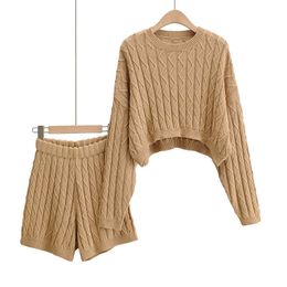 Knit Sweater +short 2 Pieces Set Women Casual ted Pullover Top + Pants TwoPiece Outfit Solid Colour Sets 210607