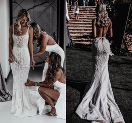 Bling Sequined Squre Neck Trumpet Mermaid Wedding Dresses Spaghetti Straps Sexy Open Back Robes de Mariee Sweep Train Modest Second Reception Dress For Bride AL9177
