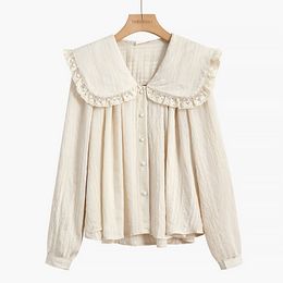 Women Shirt Long Sleeve Loose Turn Down Collar Button Lace Beige Black Solid Sailor B0760 210514