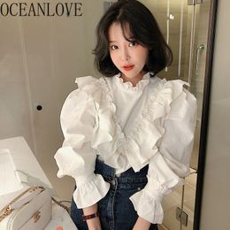 White Spring Shirts Ruffles Stand Collar Elegant Long Sleeve Solid Blusas Mujer Korean Chic Blouse Women Tops 19431 210415