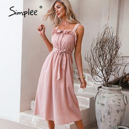 Light Pink Spaghetti Strap Mid Women Casual Ruffled High Waist Lace-up Summer Dress Fshion Sleeveless Vestido 210414