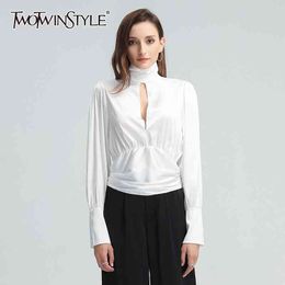 Bowknot Lace Up Shirt For Women Turtleneck Lantern Lon Sleeve High Waist Loose Blouse Female Fashion Clothing 210524