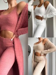 Women 3 Piece Tracksuits Winter Sexy Home Wear Suit Casual Pyjamas Set Lady Female Soft Warm Long Sleeve Cardigan Vest Pants