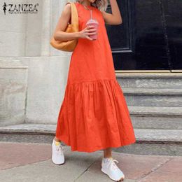 2021 Summer Solid Maxi Dress ZANZEA Sleeveless A Line Robe Fashion Casual Ruffle Dresses Womens Elegant Beach Sundress Y1006