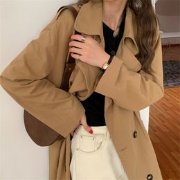 Minimalist Suit Collar Double Breasted Long Trench Coat Women Elegant OL Overcoat Autumn Work Khaki Windbreaker 210421