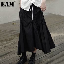 [EAM] High Elastic Waist Black Brief Pleated Temperament Half-body Skirt Women Fashion Spring Autumn 1DD7766 21512