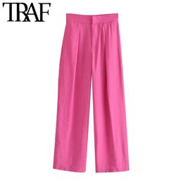 TRAF Women Chic Fashion Side Pockets Wide Leg Pants Vintage High Waist Zipper Fly Female Trousers Mujer 210925