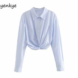Light Blue Striped Knotted Poplin Blouse Shirt Women Long Sleeve Lapel Collar Streetwear Summer Shirts Fashion Chemise Femme 210514