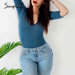 Sexy v neck basic solid Colour knitted Chic elegant slim woman jumpsuit casual rompers club wear 210414