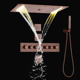 Brown Rainfall Shower Set 70x38 Cm LED Thermostatic Bathroom High Flow Waterfall Showers Combo System