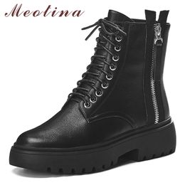 Real Leather Ankle Boots Women Genuine Thick Heels Short Zipper Round Toe Shoes Female Autumn Size 34-39 210517