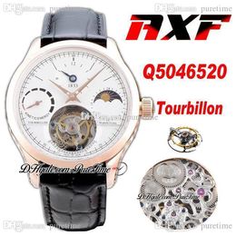AXF Q5046520 Mechanical Hand Winding Tourbillon GMT Mens Watch Master 18K Rose Gold White Dial Moon Phase Power Reserve Black Leather Super Edition Puretime C3