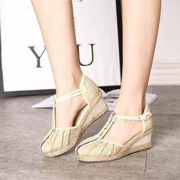 Dress Shoes YourSeason Ladies Linen Floral T-Strap Wedge Summer Handmade Women Casual Espadrilles Platform Pumps Sandals Comfortable