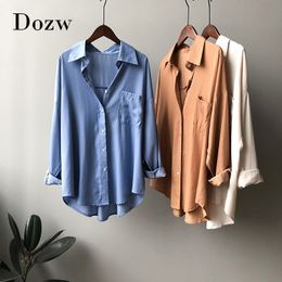 Solid Colour Loose Blouse Shirt Women Batwing Long Sleeve Casual Tunic Female Office Turn Down Collar Plus Size Pocket Top Blusas 210414