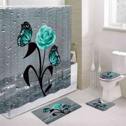 Green Butterfly Flower Pattern Waterproof Shower Curtain Bath Carpet Cover Toilet Cover Bath Mat Rug Set Bathroom Door Curtain 210609