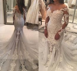 2022 Bridel Gown New Vintage Lace Tulle Pearls Elegant Sexy Mermaid Wedding Dresses Illusion Long Sleeve Robe De Mariage Vestidos