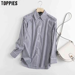 Toppies Tops Women Blue Striped Long Sleeve Blouse Classic Blouses Tops 210412