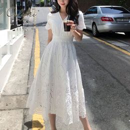 Summer Women Embroidery Party Short Sleeve Vintage White Lace Tunic Beach A Line Dress 210415