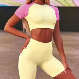 FitnNew Style Contrast Colour Sport Set Short Sleeves Crop Top Shirts Compression Shorts Workout Yoga Suit X0629
