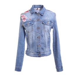 Women Short Cropped Denim Blue Jacket Button Long Sleeves Jean Jackets Turn Down Collar Flower Shoulder Floral C0010 210514