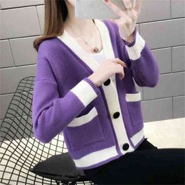 Knitted jacket sweater women autumn and winter slim Colour matching pocket clothes cardigans 210427