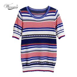 Summer Knitted Striped Top High Quality Women's O-Neck Short Sleeve T Shirt Female Pullover Tops B-120 210330