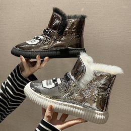 Boots Snow Women's Winter Shoes Thick Sole Plaforms Ankle Boot Round Toe Plush Warm Cotton Shoe Side Zip Silver Black1