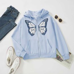 Butterfly Blue Zip Up Sweatshirt Winter Jacket Clothes Oversize Hoodies Women Plus Size Vintage Pockets Long Sleeve Pullovers Y0820