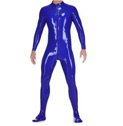 Fashion Catsuit Costumes PVC Faux Leather Dark Blue Latex Long Sleeve jumpsuit With Front Three Ways Zipper Through Crotch Body Suit for adults Custom Made