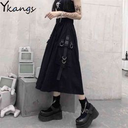 Summer Black Cargo Skirts Girls gothic chain Side Ring Pocket Midi Skirt Women Korean Hip Hop Streetwear Harajuku Long Saia 210421